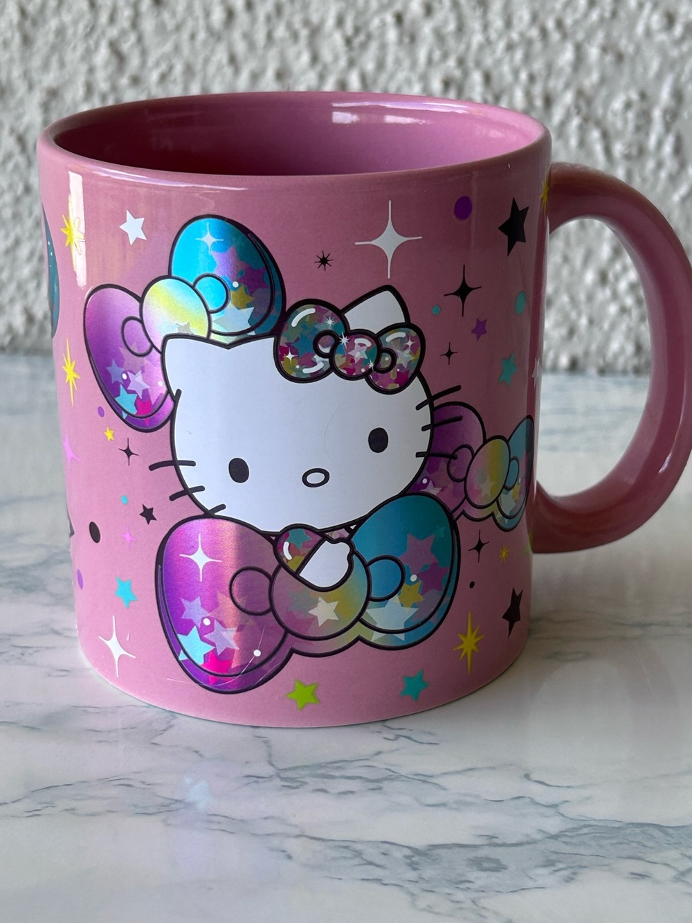 Sanrio Hello Kitty Metallic Bows Stars Pink Ceramic Coffee Mug NEW! NWT